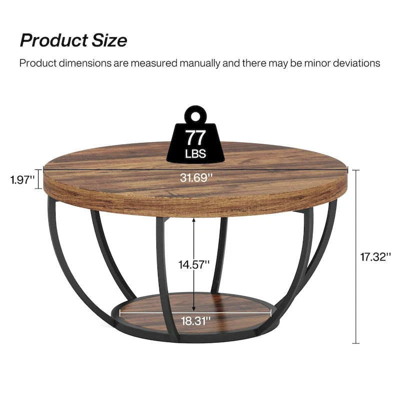 Table basse ronde à 2 niveaux avec pieds en métal et étagère de rangement ouverte – Chêne/Noir / Blanc/Or / Marron/Noir / Gris foncé/Noir, style industriel, unique