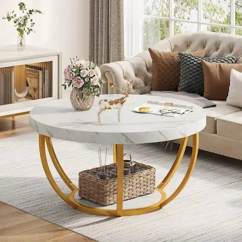 Table basse ronde à 2 niveaux avec pieds en métal et étagère de rangement ouverte – Chêne/Noir / Blanc/Or / Marron/Noir / Gris foncé/Noir, style industriel, unique