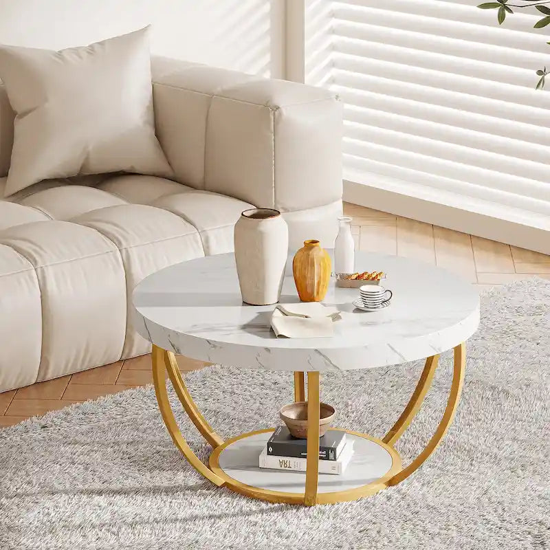 Table basse ronde à 2 niveaux avec pieds en métal et étagère de rangement ouverte – Chêne/Noir / Blanc/Or / Marron/Noir / Gris foncé/Noir, style industriel, unique