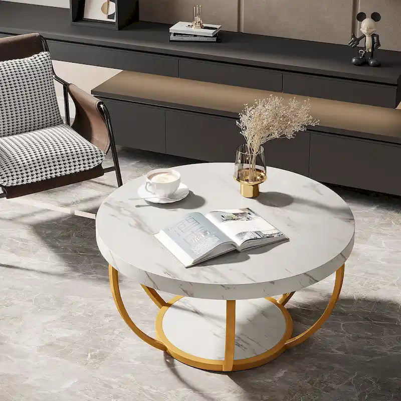 Table basse ronde à 2 niveaux avec pieds en métal et étagère de rangement ouverte – Chêne/Noir / Blanc/Or / Marron/Noir / Gris foncé/Noir, style industriel, unique