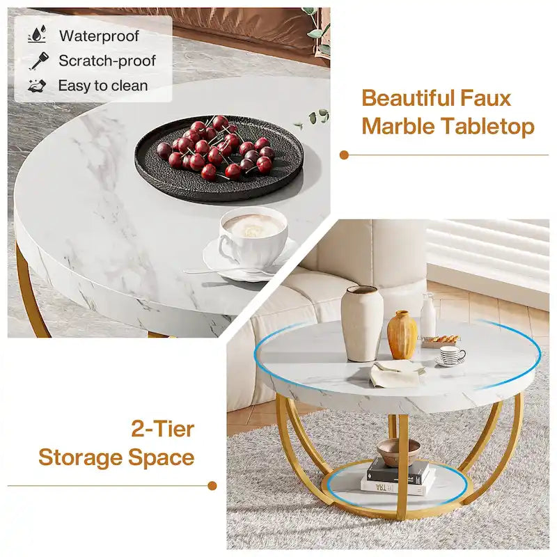 Table basse ronde à 2 niveaux avec pieds en métal et étagère de rangement ouverte – Chêne/Noir / Blanc/Or / Marron/Noir / Gris foncé/Noir, style industriel, unique