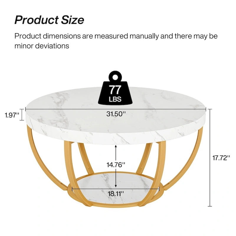 Table basse ronde à 2 niveaux avec pieds en métal et étagère de rangement ouverte – Chêne/Noir / Blanc/Or / Marron/Noir / Gris foncé/Noir, style industriel, unique
