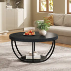 Table basse ronde à 2 niveaux avec pieds en métal et étagère de rangement ouverte – Chêne/Noir / Blanc/Or / Marron/Noir / Gris foncé/Noir, style industriel, unique