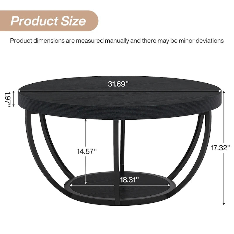 Table basse ronde à 2 niveaux avec pieds en métal et étagère de rangement ouverte – Chêne/Noir / Blanc/Or / Marron/Noir / Gris foncé/Noir, style industriel, unique
