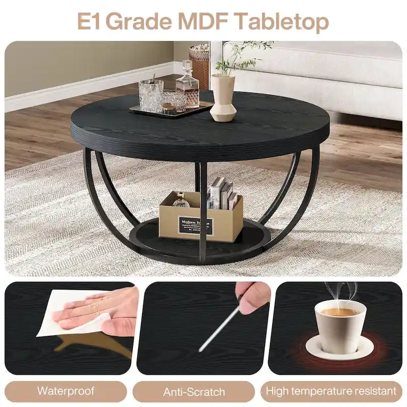 Table basse ronde à 2 niveaux avec pieds en métal et étagère de rangement ouverte – Chêne/Noir / Blanc/Or / Marron/Noir / Gris foncé/Noir, style industriel, unique