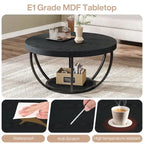 Table basse ronde à 2 niveaux avec pieds en métal et étagère de rangement ouverte – Chêne/Noir / Blanc/Or / Marron/Noir / Gris foncé/Noir, style industriel, unique