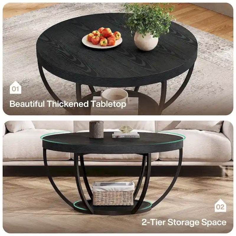 Table basse ronde à 2 niveaux avec pieds en métal et étagère de rangement ouverte – Chêne/Noir / Blanc/Or / Marron/Noir / Gris foncé/Noir, style industriel, unique