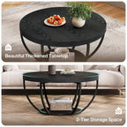 Table basse ronde à 2 niveaux avec pieds en métal et étagère de rangement ouverte – Chêne/Noir / Blanc/Or / Marron/Noir / Gris foncé/Noir, style industriel, unique
