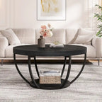 Table basse ronde à 2 niveaux avec pieds en métal et étagère de rangement ouverte – Chêne/Noir / Blanc/Or / Marron/Noir / Gris foncé/Noir, style industriel, unique