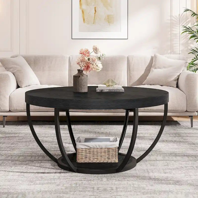 Table basse ronde à 2 niveaux avec pieds en métal et étagère de rangement ouverte – Chêne/Noir / Blanc/Or / Marron/Noir / Gris foncé/Noir, style industriel, unique