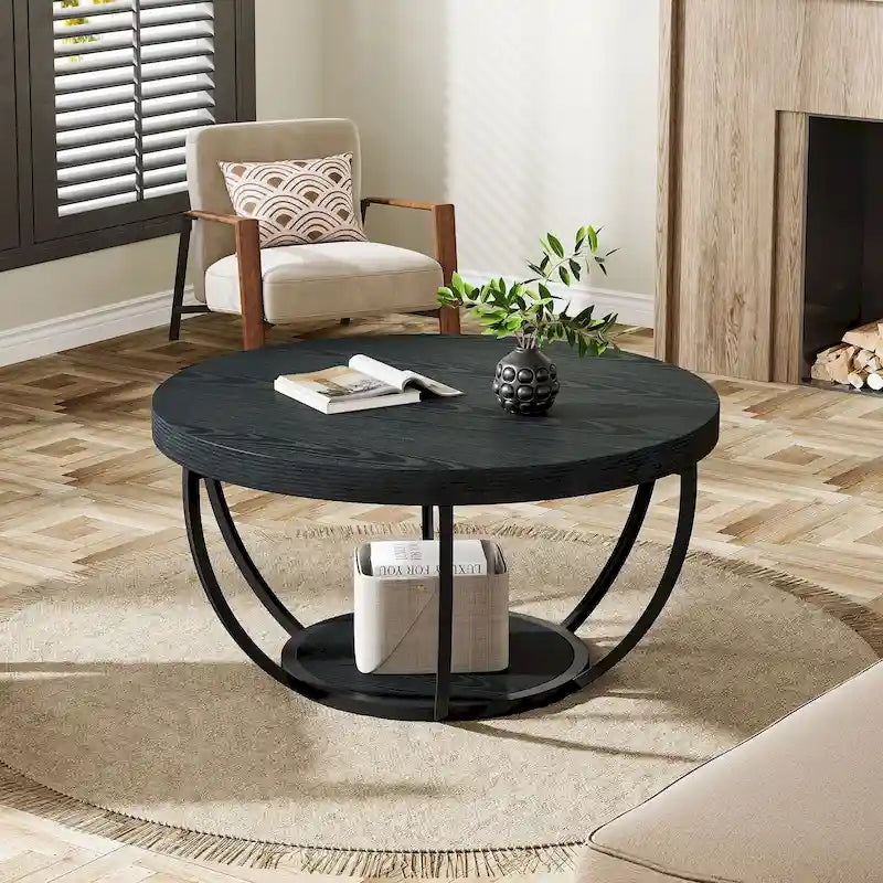Table basse ronde à 2 niveaux avec pieds en métal et étagère de rangement ouverte – Chêne/Noir / Blanc/Or / Marron/Noir / Gris foncé/Noir, style industriel, unique