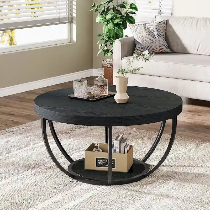 Table basse ronde à 2 niveaux avec pieds en métal et étagère de rangement ouverte – Chêne/Noir / Blanc/Or / Marron/Noir / Gris foncé/Noir, style industriel, unique