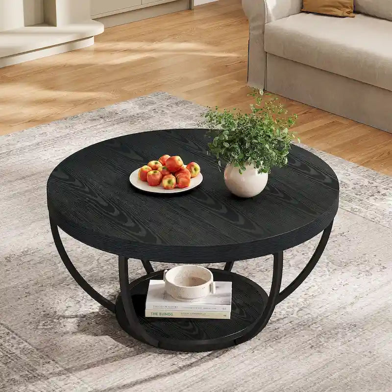 Table basse ronde à 2 niveaux avec pieds en métal et étagère de rangement ouverte – Chêne/Noir / Blanc/Or / Marron/Noir / Gris foncé/Noir, style industriel, unique
