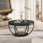 Table basse ronde à 2 niveaux avec pieds en métal et étagère de rangement ouverte – Chêne/Noir / Blanc/Or / Marron/Noir / Gris foncé/Noir, style industriel, unique