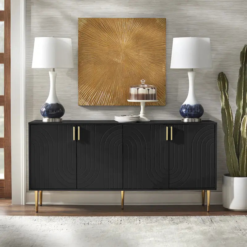 Buffet bahut à 4 portes – Gris / Bleu nuit / Noir, style Mid-Century, simple