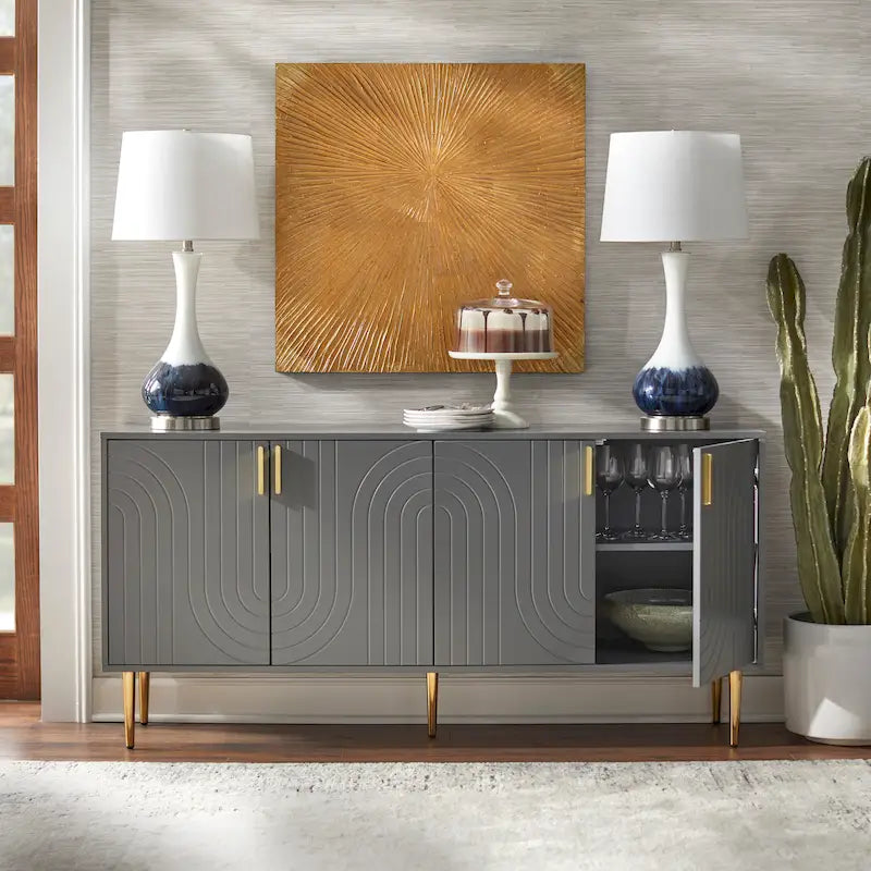 Buffet bahut à 4 portes – Gris / Bleu nuit / Noir, style Mid-Century, simple