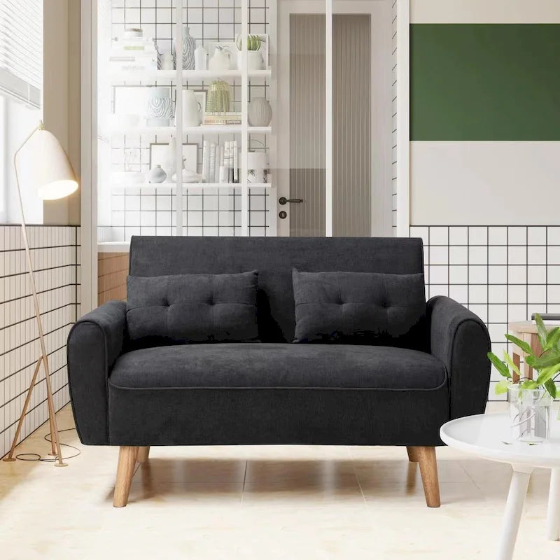 Canapé deux places en lin avec cadre en bois dur et coussins fermes – Vert / Noir / Marron / Gris clair / Gris / Rose / Jaune, style moderne, 2 personnes