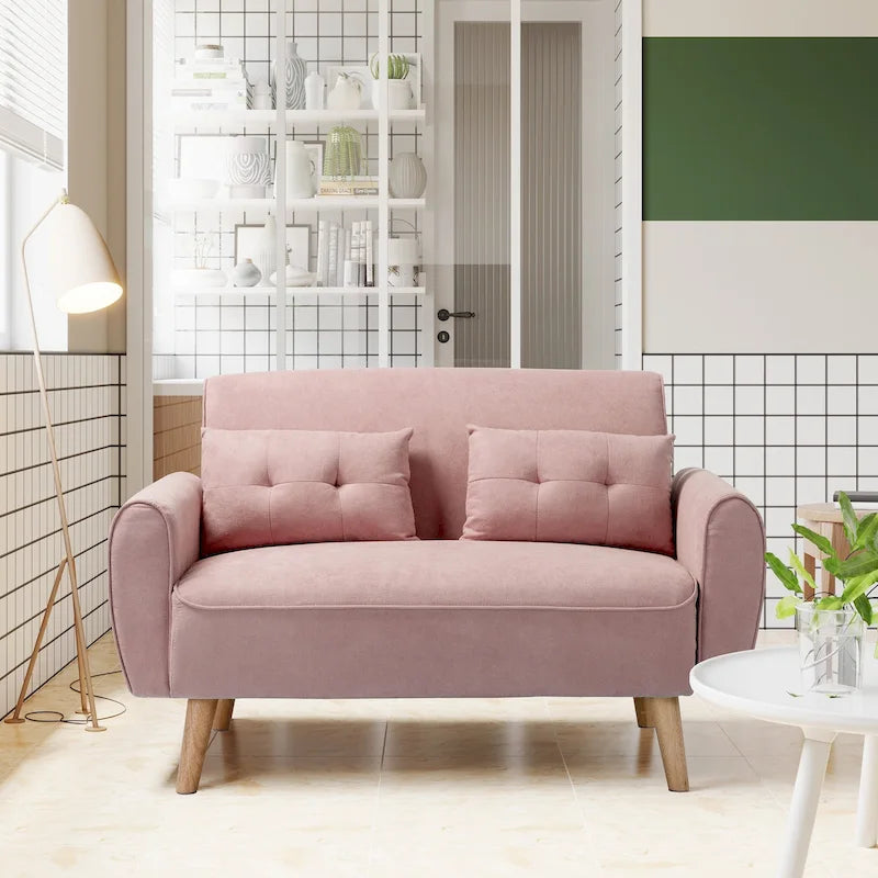 Canapé deux places en lin avec cadre en bois dur et coussins fermes – Vert / Noir / Marron / Gris clair / Gris / Rose / Jaune, style moderne, 2 personnes