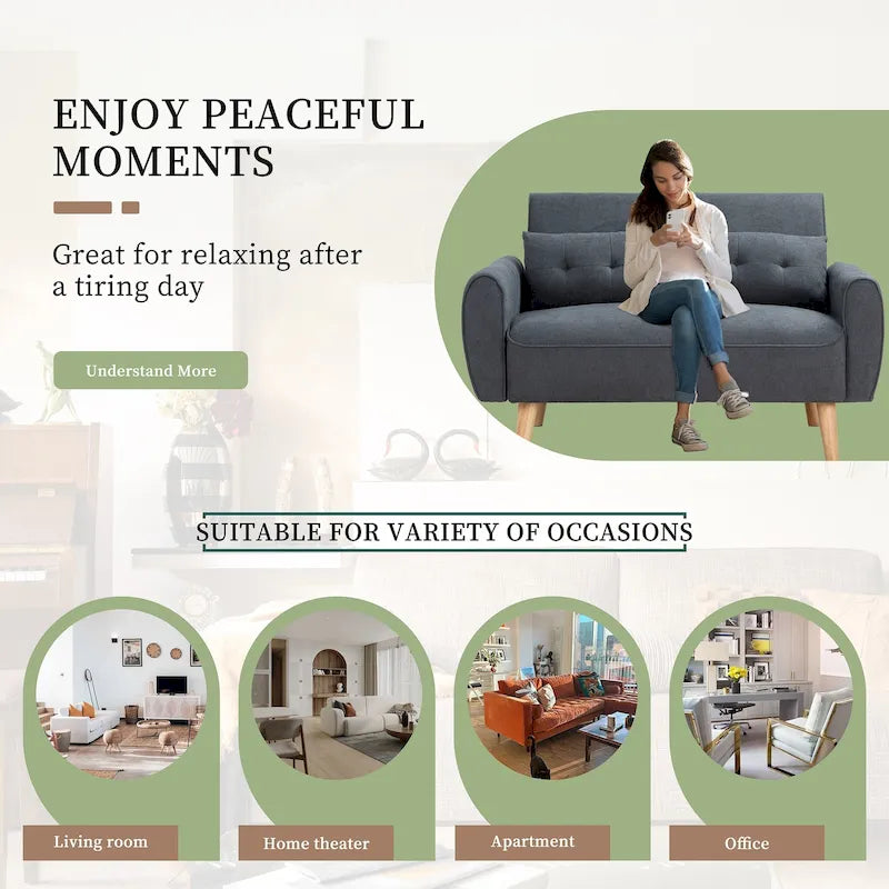 Canapé deux places en lin avec cadre en bois dur et coussins fermes – Vert / Noir / Marron / Gris clair / Gris / Rose / Jaune, style moderne, 2 personnes