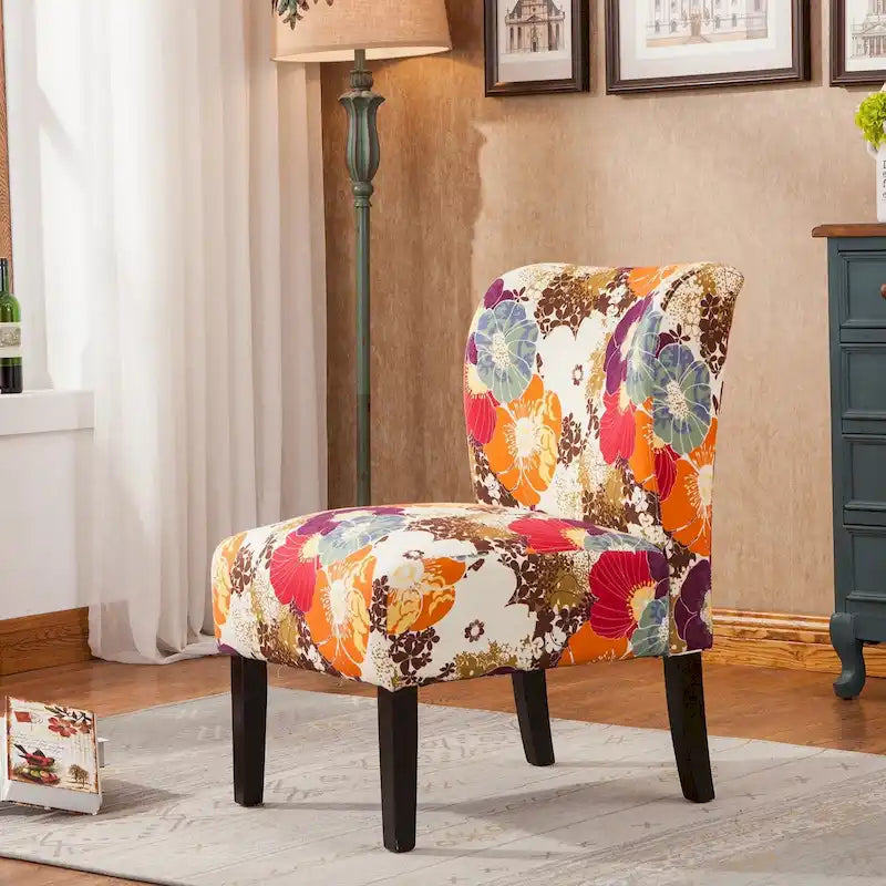 Fauteuil d'appoint sans accoudoirs en tissu avec pieds en bois – Rose / Saphir / Blanc cassé / Orange / Noir / Multicolore / Marron / Bleu / Naturel / Fleuri violet, Style moderne, Individuel