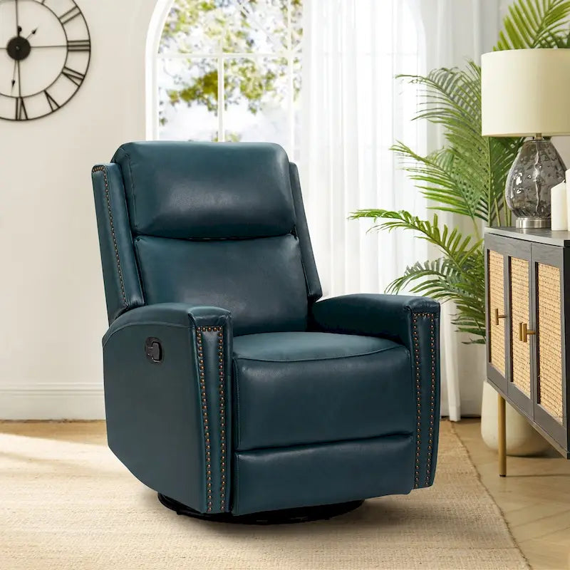 Fauteuil inclinable pivotant et basculant en cuir véritable avec accoudoirs hauts et garniture cloutée – Turquoise / Colombe / Marron / Bourgogne / Chameau / Bleu marine / Beige / Noir / Vert / Sauge / Taupe, style milieu de siècle, individuel