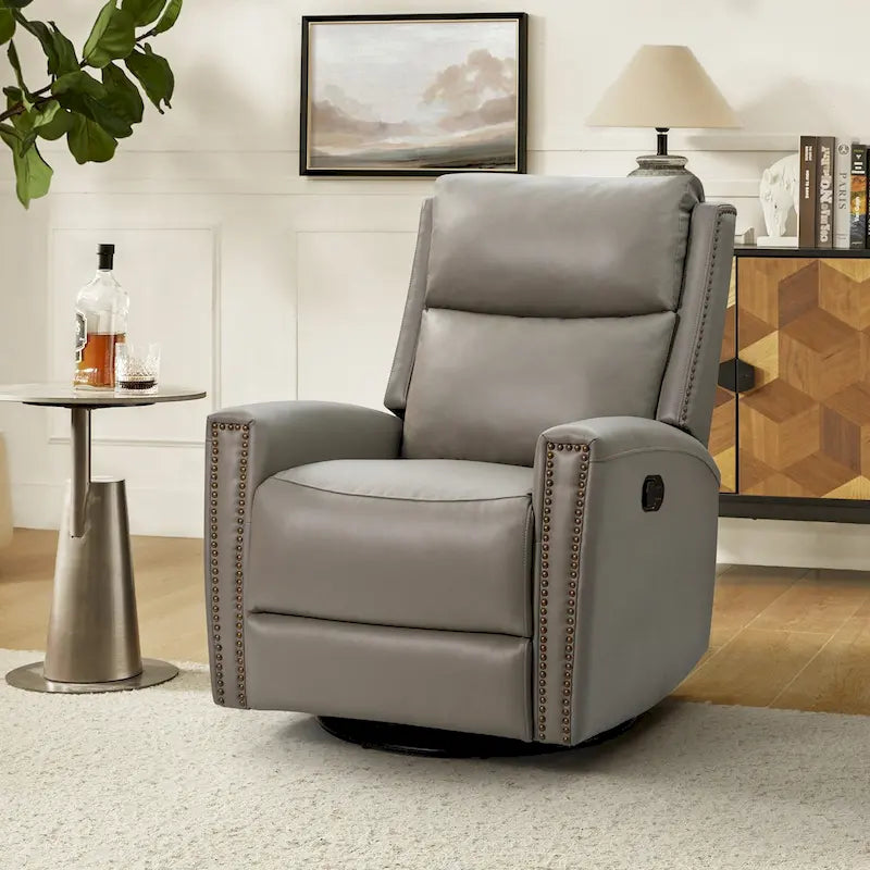 Fauteuil inclinable pivotant et basculant en cuir véritable avec accoudoirs hauts et garniture cloutée – Turquoise / Colombe / Marron / Bourgogne / Chameau / Bleu marine / Beige / Noir / Vert / Sauge / Taupe, style milieu de siècle, individuel