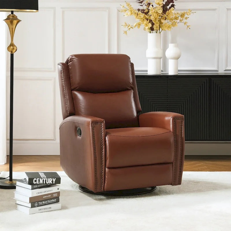 Fauteuil inclinable pivotant et basculant en cuir véritable avec accoudoirs hauts et garniture cloutée – Turquoise / Colombe / Marron / Bourgogne / Chameau / Bleu marine / Beige / Noir / Vert / Sauge / Taupe, style milieu de siècle, individuel