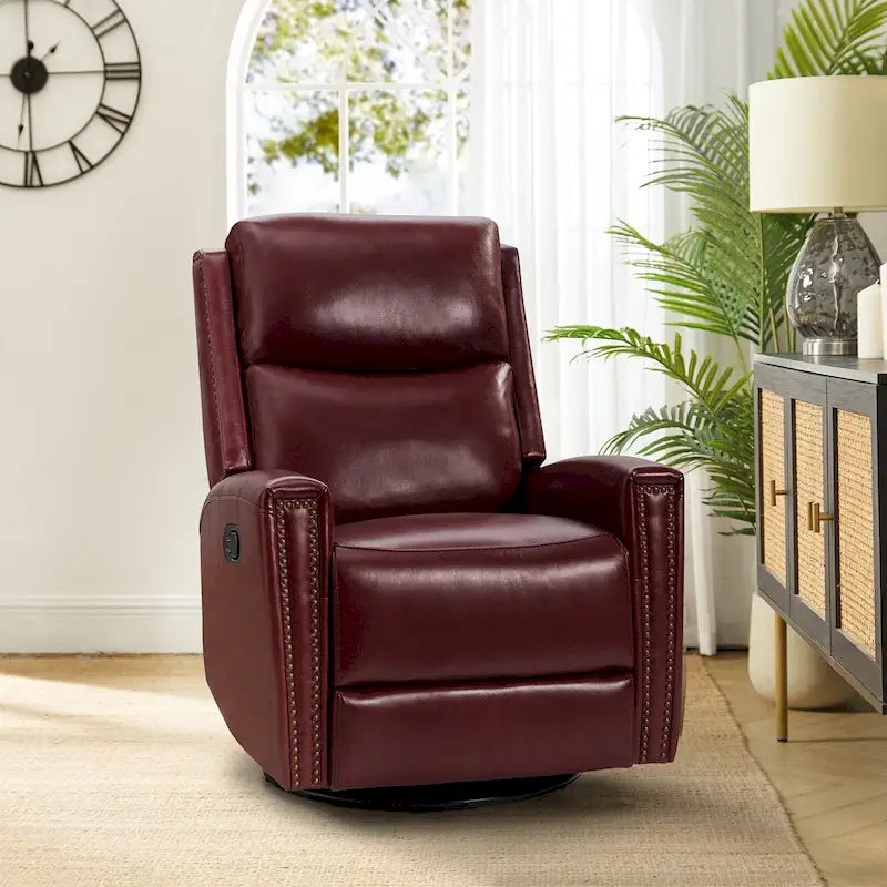 Fauteuil inclinable pivotant et basculant en cuir véritable avec accoudoirs hauts et garniture cloutée – Turquoise / Colombe / Marron / Bourgogne / Chameau / Bleu marine / Beige / Noir / Vert / Sauge / Taupe, style milieu de siècle, individuel