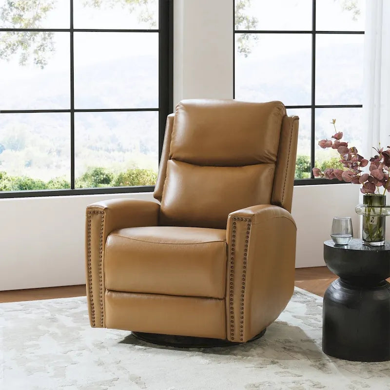Fauteuil inclinable pivotant et basculant en cuir véritable avec accoudoirs hauts et garniture cloutée – Turquoise / Colombe / Marron / Bourgogne / Chameau / Bleu marine / Beige / Noir / Vert / Sauge / Taupe, style milieu de siècle, individuel