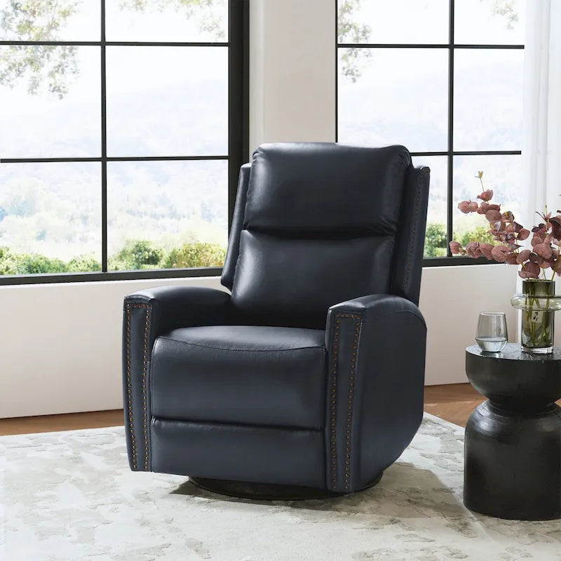 Fauteuil inclinable pivotant et basculant en cuir véritable avec accoudoirs hauts et garniture cloutée – Turquoise / Colombe / Marron / Bourgogne / Chameau / Bleu marine / Beige / Noir / Vert / Sauge / Taupe, style milieu de siècle, individuel