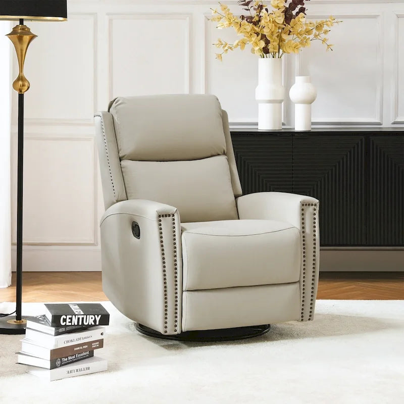 Fauteuil inclinable pivotant et basculant en cuir véritable avec accoudoirs hauts et garniture cloutée – Turquoise / Colombe / Marron / Bourgogne / Chameau / Bleu marine / Beige / Noir / Vert / Sauge / Taupe, style milieu de siècle, individuel