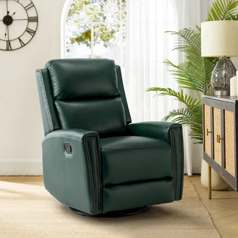 Fauteuil inclinable pivotant et basculant en cuir véritable avec accoudoirs hauts et garniture cloutée – Turquoise / Colombe / Marron / Bourgogne / Chameau / Bleu marine / Beige / Noir / Vert / Sauge / Taupe, style milieu de siècle, individuel