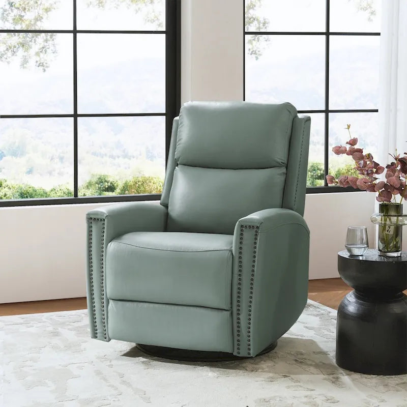 Fauteuil inclinable pivotant et basculant en cuir véritable avec accoudoirs hauts et garniture cloutée – Turquoise / Colombe / Marron / Bourgogne / Chameau / Bleu marine / Beige / Noir / Vert / Sauge / Taupe, style milieu de siècle, individuel