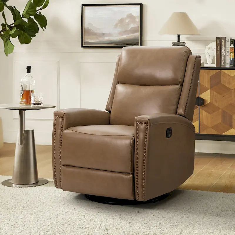 Fauteuil inclinable pivotant et basculant en cuir véritable avec accoudoirs hauts et garniture cloutée – Turquoise / Colombe / Marron / Bourgogne / Chameau / Bleu marine / Beige / Noir / Vert / Sauge / Taupe, style milieu de siècle, individuel