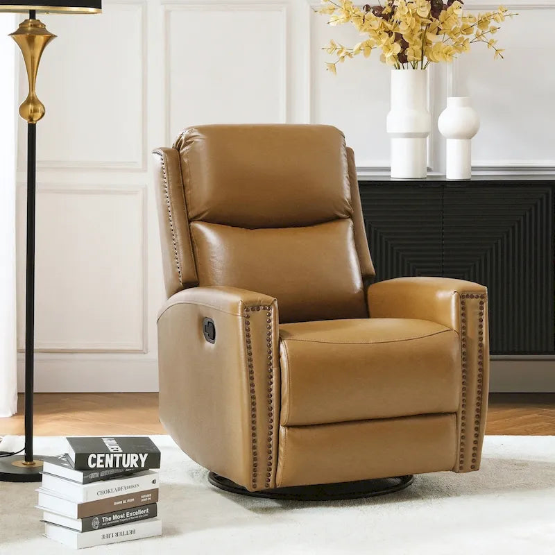 Fauteuil inclinable pivotant et basculant en cuir véritable avec accoudoirs hauts et garniture cloutée – Turquoise / Colombe / Marron / Bourgogne / Chameau / Bleu marine / Beige / Noir / Vert / Sauge / Taupe, style milieu de siècle, individuel
