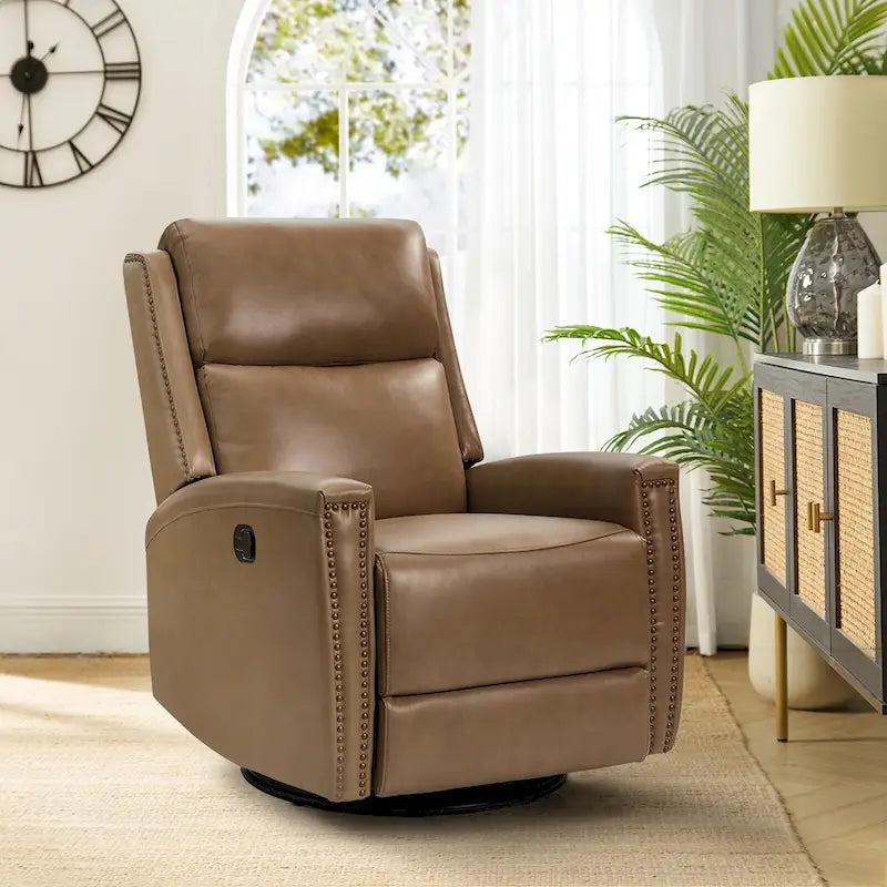 Fauteuil inclinable pivotant et basculant en cuir véritable avec accoudoirs hauts et garniture cloutée – Turquoise / Colombe / Marron / Bourgogne / Chameau / Bleu marine / Beige / Noir / Vert / Sauge / Taupe, style milieu de siècle, individuel