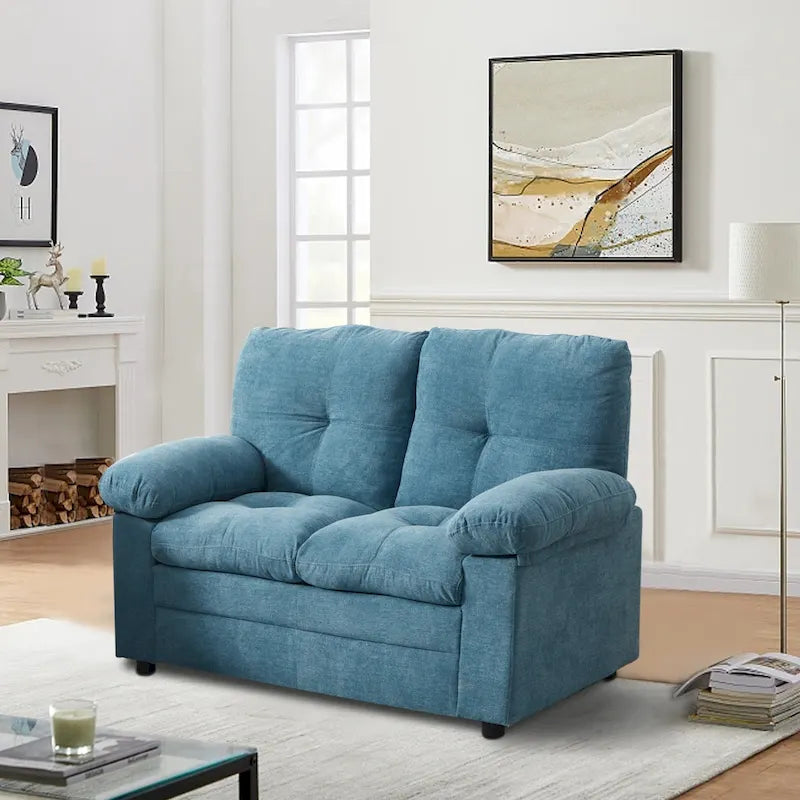 Causeuse capitonnée à accoudoirs rembourrés – Bleu / Camel clair, Style classique, 2 places