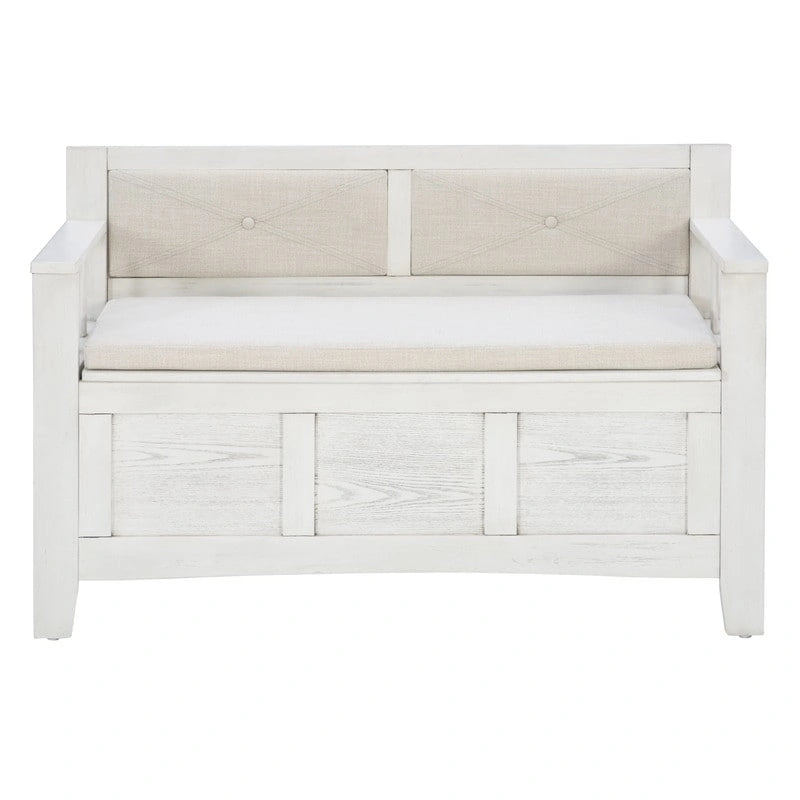 Banc de rangement d'entrée à couvercle rabattable avec coussin – Noir (similicuir) / Marron / Gris / Blanc fumé (lin), style cottage, individuel