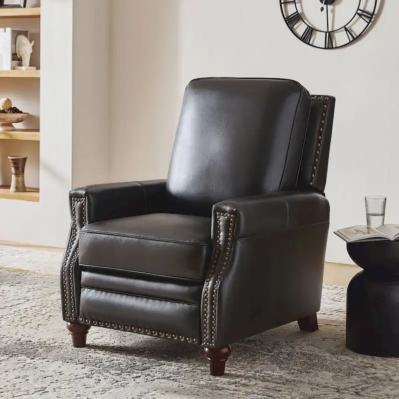 Fauteuil inclinable en cuir véritable pour cigares avec garniture cloutée et pieds en noyer – Noir / Selle / Camel / Marine / Marron / Beige / Tourterelle / Bordeaux, style mi-siècle, simple