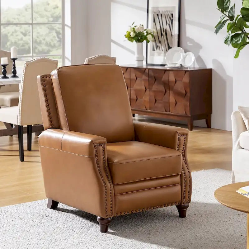 Fauteuil inclinable en cuir véritable pour cigares avec garniture cloutée et pieds en noyer – Noir / Selle / Camel / Marine / Marron / Beige / Tourterelle / Bordeaux, style mi-siècle, simple