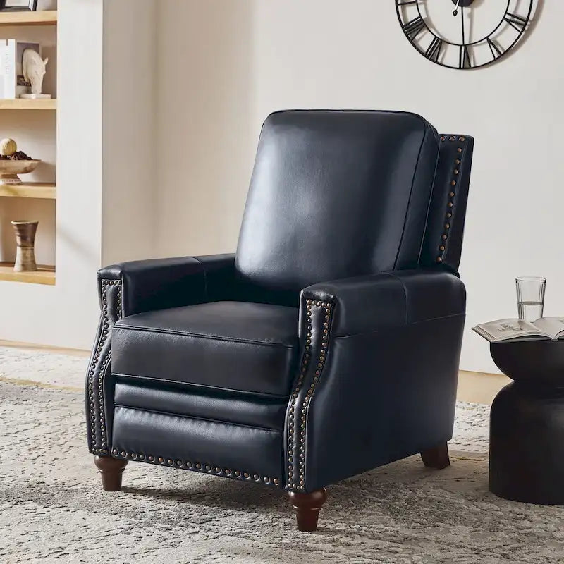 Fauteuil inclinable en cuir véritable pour cigares avec garniture cloutée et pieds en noyer – Noir / Selle / Camel / Marine / Marron / Beige / Tourterelle / Bordeaux, style mi-siècle, simple