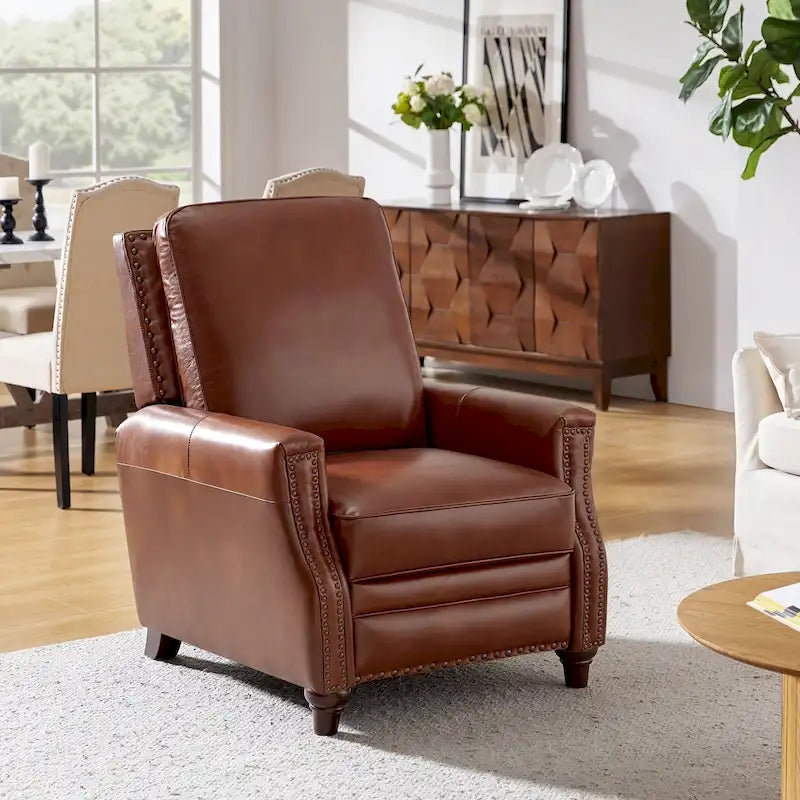 Fauteuil inclinable en cuir véritable pour cigares avec garniture cloutée et pieds en noyer – Noir / Selle / Camel / Marine / Marron / Beige / Tourterelle / Bordeaux, style mi-siècle, simple