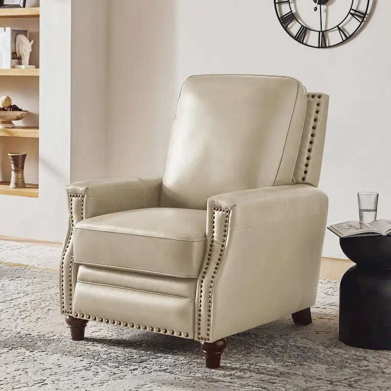 Fauteuil inclinable en cuir véritable pour cigares avec garniture cloutée et pieds en noyer – Noir / Selle / Camel / Marine / Marron / Beige / Tourterelle / Bordeaux, style mi-siècle, simple