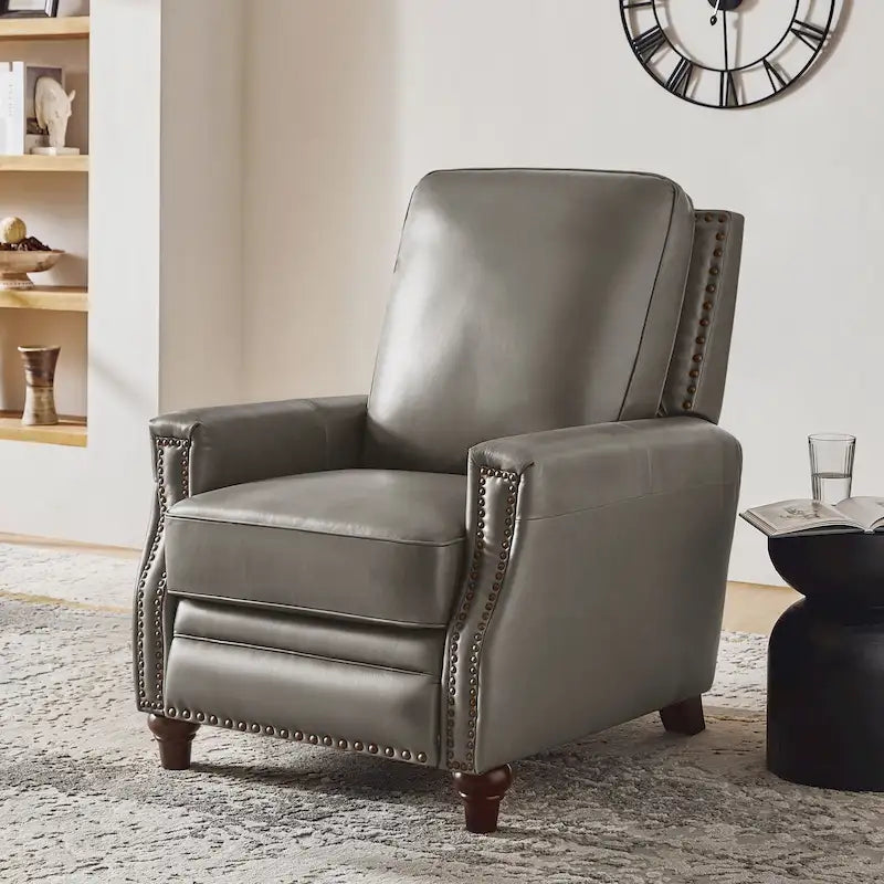 Fauteuil inclinable en cuir véritable pour cigares avec garniture cloutée et pieds en noyer – Noir / Selle / Camel / Marine / Marron / Beige / Tourterelle / Bordeaux, style mi-siècle, simple