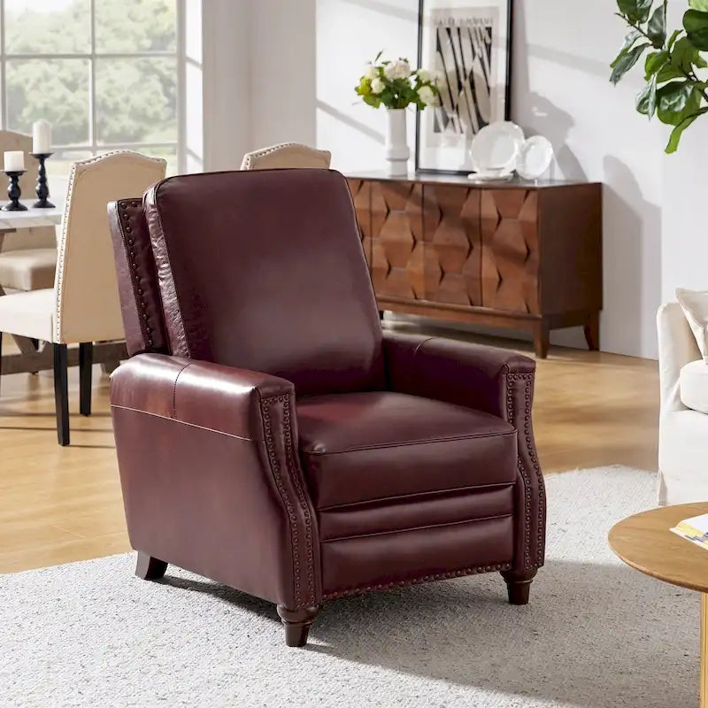 Fauteuil inclinable en cuir véritable pour cigares avec garniture cloutée et pieds en noyer – Noir / Selle / Camel / Marine / Marron / Beige / Tourterelle / Bordeaux, style mi-siècle, simple