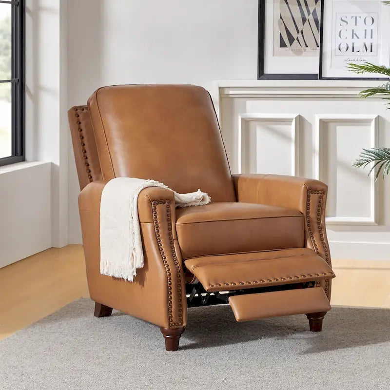 Fauteuil inclinable en cuir véritable pour cigares avec garniture cloutée et pieds en noyer – Noir / Selle / Camel / Marine / Marron / Beige / Tourterelle / Bordeaux, style mi-siècle, simple