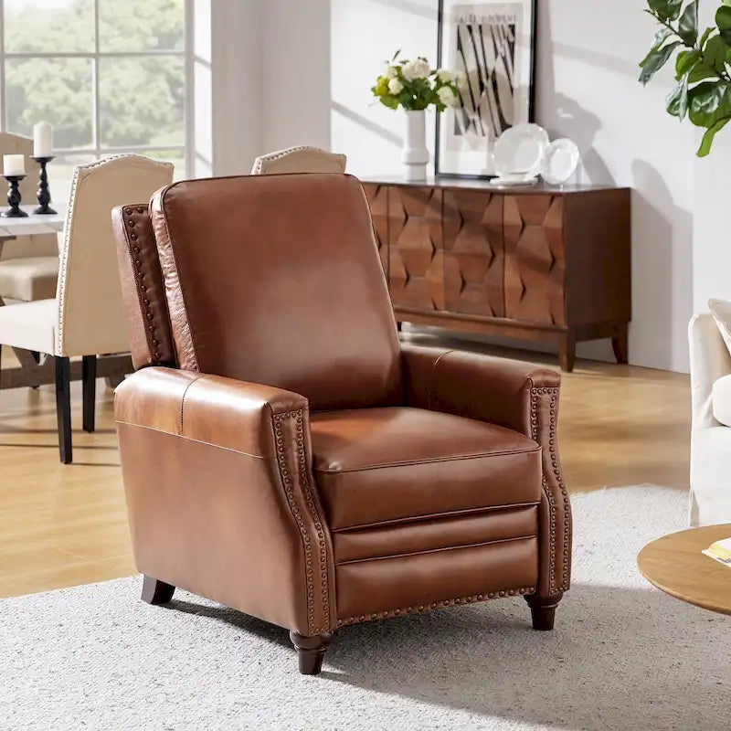 Fauteuil inclinable en cuir véritable pour cigares avec garniture cloutée et pieds en noyer – Noir / Selle / Camel / Marine / Marron / Beige / Tourterelle / Bordeaux, style mi-siècle, simple