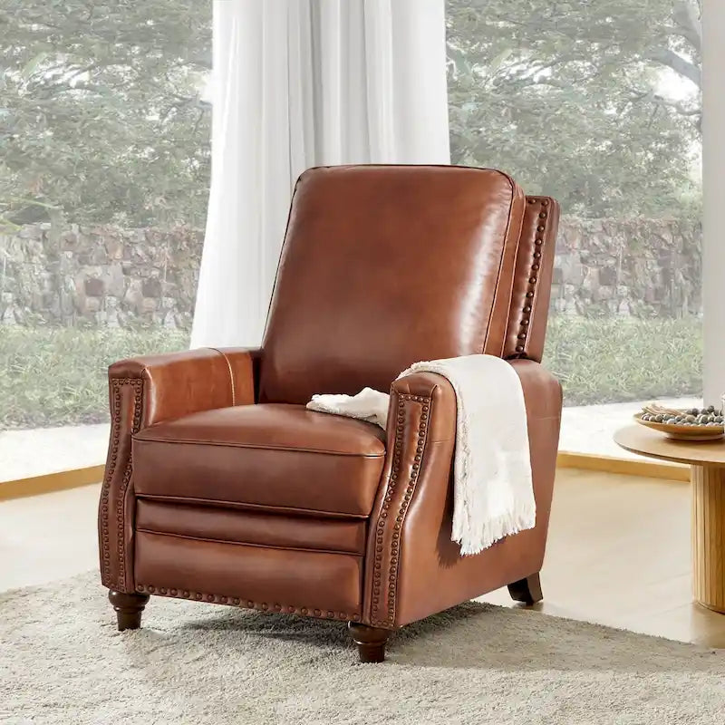 Fauteuil inclinable en cuir véritable pour cigares avec garniture cloutée et pieds en noyer – Noir / Selle / Camel / Marine / Marron / Beige / Tourterelle / Bordeaux, style mi-siècle, simple