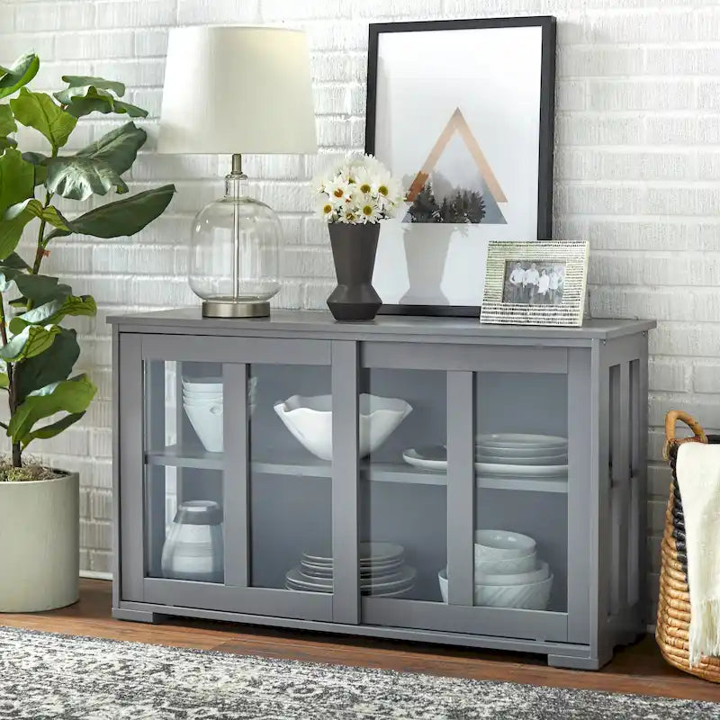 Vaisselier empilable avec portes coulissantes en verre – Espresso / Gris anthracite / Blanc antique / Menthe / Noyer / Rouge / Bleu antique, style moderne, simple