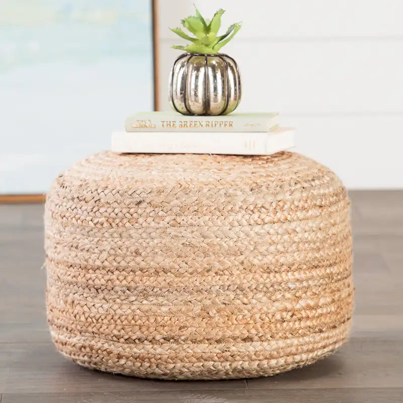 Pouf rond tressé en jute – Beige / Blanc / Gris clair / Bleu / Gris foncé / Rose clair / Taupe, Style Bohème, Individuel